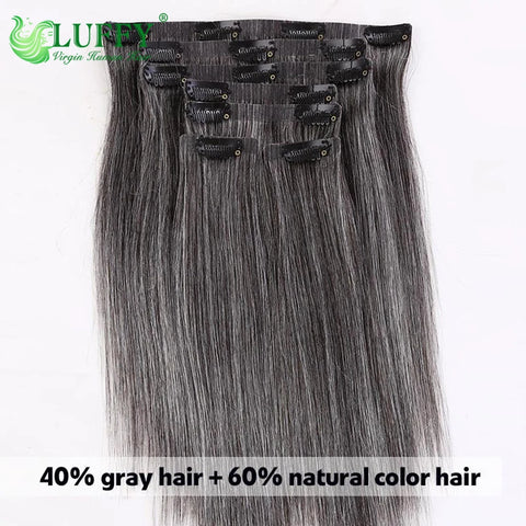 Salt Pepper Seamless PU Clip In Hair Extensions Straight Human Hair Skin Weft Gray Hair Color Clip Ins Human Hair For Women