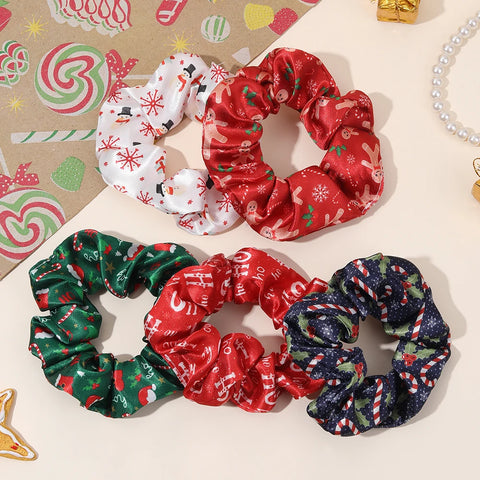 5Pcs Various Christmas Style Hair Ties Santa Hat Print Satin Scrunchies For Women Girls New Trendy Xmas Party Hair Accessories