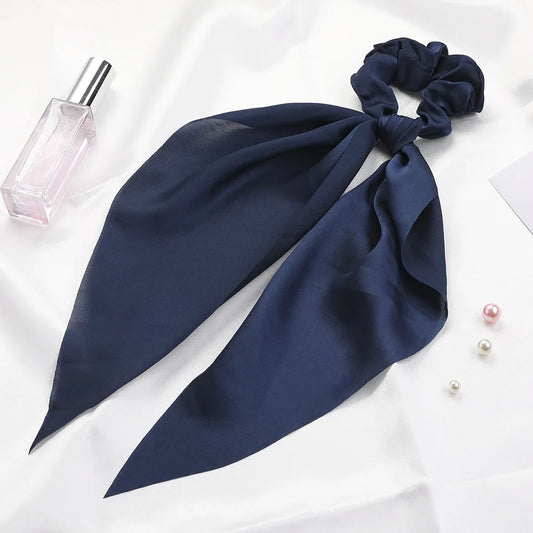 Vintage Leopard Satin Long Ribbon Scrunchie for Women Solid Color Elastic Bands Ponytail Tie Hair Scarf Headwear