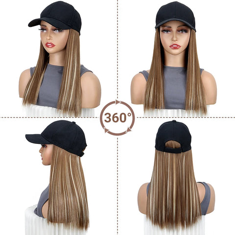 Synthetic Hat Wig with Long Straight Black Hair Baseball Cap Hair Extension Stylish & Convenient All-in-One Design for Women