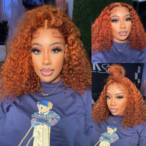 4/350 Highlight Color Short Bob Wigs Water Wave 13x4 Lace Frontal Wigs Brazilian Human Hair Deep Curly Wigs Ombre Ginger Color