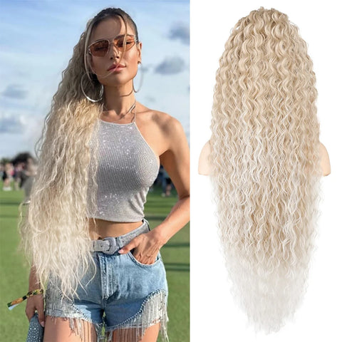 36 inch Drawstring Ponytail Extension Synthetic Black Long Lightweight Full Natural Curly Fake Tail Multi Layered Hairpiece