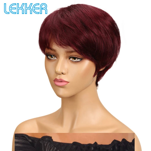 Lekker Colored Short Pixie Cut Straight Bob 100% Human Hair Wigs With Bangs For Women Brazilian Remy Hair Burgundy Red Daily Wig