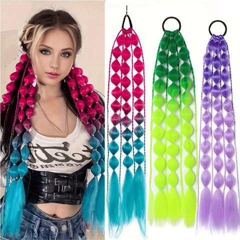 1Pc Synthetic Hair Wig Ponytail Extension Hairpieces Pink Long Lantern Bubble Braid Kinky Straight Women Girl Halloween Costume