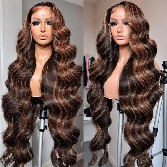 Mossily Ombre Highlight 13x4 Lace Front Wig Human Hair 1B/30 Black Brown Body Wave Wigs Transparent Lace Brazilian For Women