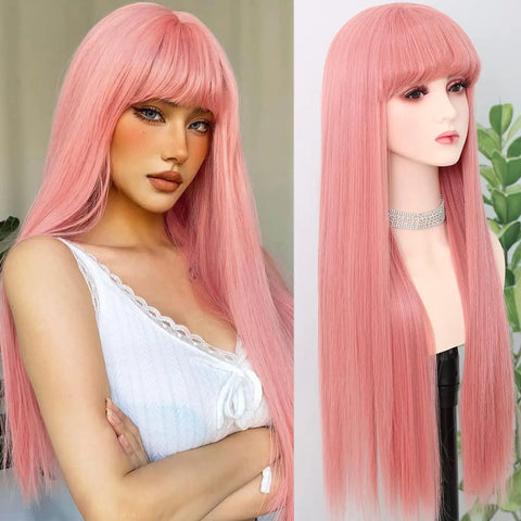 Long Straight Synthetic Wig Granny Gray Center Part Natural Bangs High Temperature Silk Wig For White Women Cosplay Daily