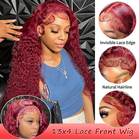 200 Density 13x4 Curly 99J Burgundy Colored Lace Front Wig 30 36 Inch Deep Wave 13x6 HD Lace Frontal Human Hair Wigs For Women
