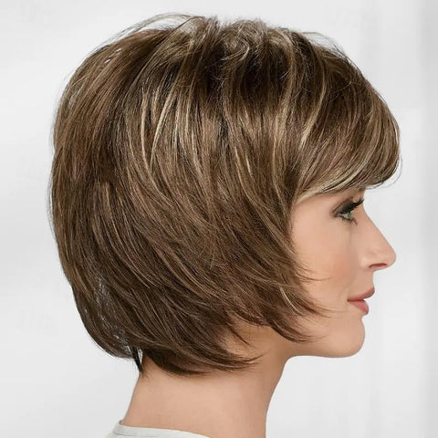 HAIRJOY Synthetic Hair Short Straight Wigs for White Women Mixed Brown  Wigs with Bangs  Wig Short Hair Wigs