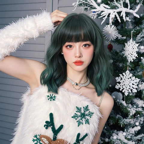 Christmas Short Curly Wavy Burgundy Wine Red Synthetic Wig Lolita Hair Wig with Bangs for Women Cosplay Party use Heat Resistant