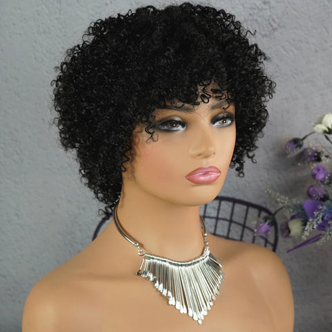 Afro Kinky Curly Wig Human Hair 4A 4B Short Curly Human Hair Wigs for Black Women Pixie KinkyCurly wigs with Bangs Machine Made