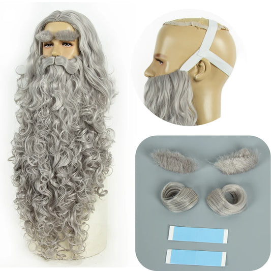 REEWES Grey Wig&Beard Set With moustache Christmas Santa Claus Costum Cosplay synthetic Wig For Halloween Costume XMAS Dress up