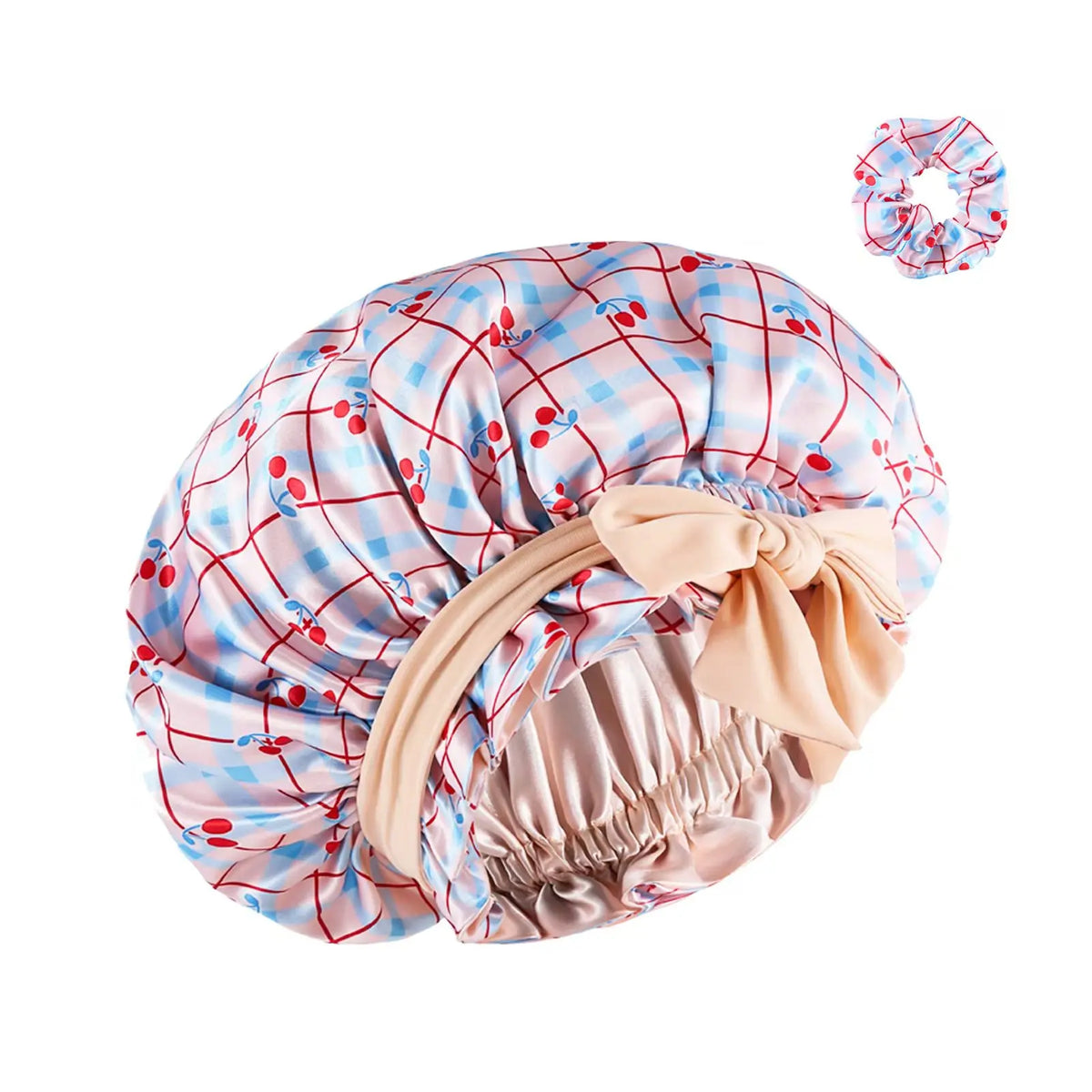1 Set Silk Bonnet for Sleeping Women, Printing Satin Hair Shower Cap Tie Band Adjustable Straps Head Wrap for Curly Hair