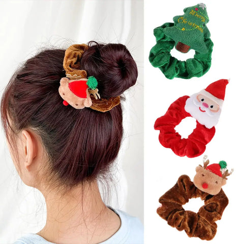 Christmas Hair Scrunchies Girls Soft Velvet Elastic Ponytail Holder Rubber Band Charms Hair Ties Party Elk Santa Claus Headwear