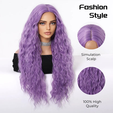 Long Curly Purple Wig Deep Wavy Purple Wig For Fashion Women T-part No Bangs Synthetic Wig Party Cosplay Christmas Use 26 Inch