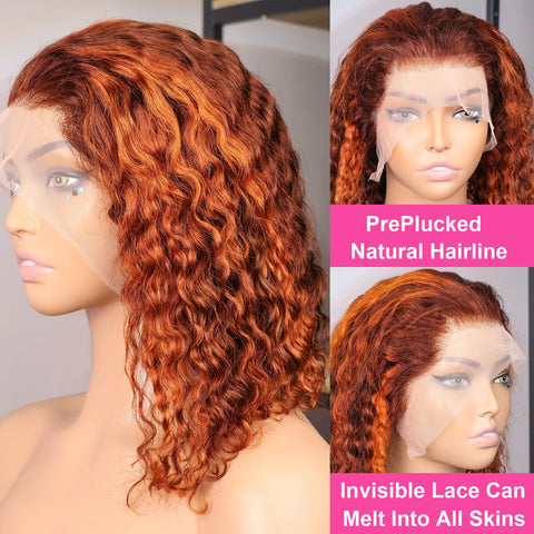 4/350 Highlight Color Short Bob Wigs Water Wave 13x4 Lace Frontal Wigs Brazilian Human Hair Deep Curly Wigs Ombre Ginger Color