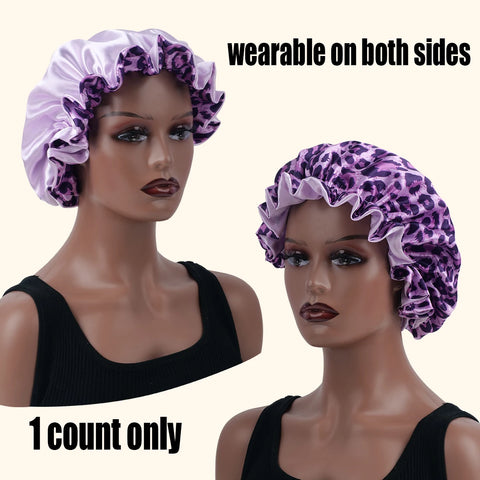 1PC Hair Bonnet Printed Leopard Double Layer Satin Splicing Hair Bonnet For Sleeping For Curly And Straight Hair