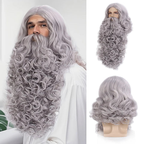 REEWES Grey Wig&Beard Set With moustache Christmas Santa Claus Costum Cosplay synthetic Wig For Halloween Costume XMAS Dress up