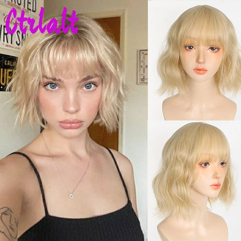 Shoulder Black Brown Layered Synthetic Natural Hair Wigs For Women Body Wave Daily Women's Wig with Curtain Bangs Heat Resistant