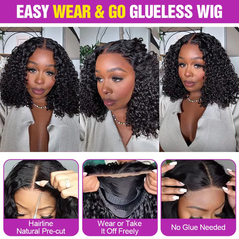 Short Bob No Glue Wigs Deep Wave 7x5 Glueless Human Hair Ready To Wear 250% Pre Cut Lace 13x6 Culry Lace Front Human Hair Black