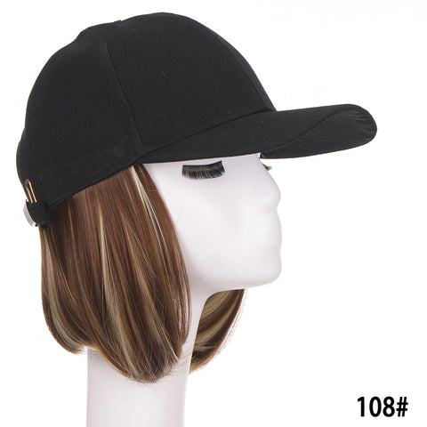 Synthetic Adjustable Black Hat Wigs Short Bob Straight Baseball Cap Wig Seamless Connection Hair Extensions for Women
