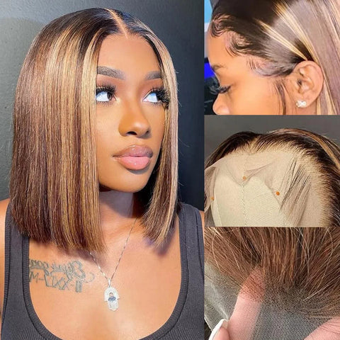 Highlight Ombre Bob Wig Human Hair Straight 4/27 Honey Blonde Bob Lace Front Wigs Human Hair 13x4 Lace Front Bob Wigs Short Bob