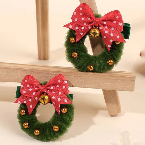 2Pcs Christmas Wreath Hair Clips With Bell Polka Dot Bow Hairpins Fluffy Barrette For Girls Christmas New Year Hair Accessories