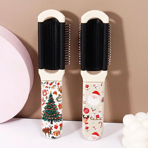 1pc Compact portable folding mirror comb with Christmas element pattern, perfect gift for Christmas Special for real hair wigs