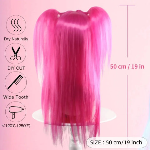 High quality rose red long double ponytail with neat bangs cosplay synthetic wig christmas and other festivals preferred