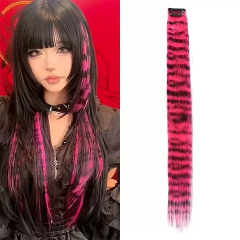 Stripe Printed Hair Colorful Long Straight Hair Pieces Synthetic Clip-in Hair Extensions for Daily Use Party Halloween