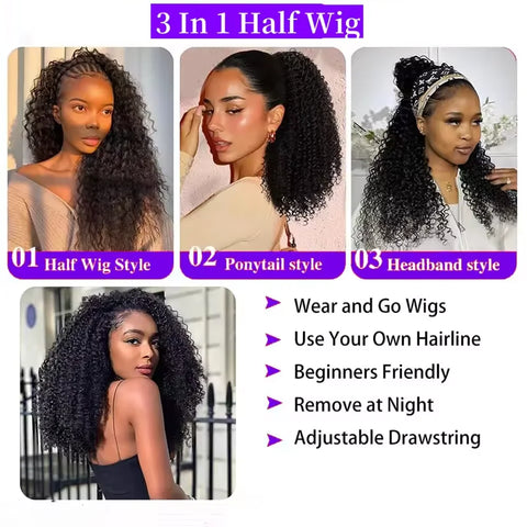 3 IN 1 Half Wig With Drawstring Seamless Human hair Wigs Curly Headband Wig Upgrade for Women Summer Machine Wigs Hair 32 Inch