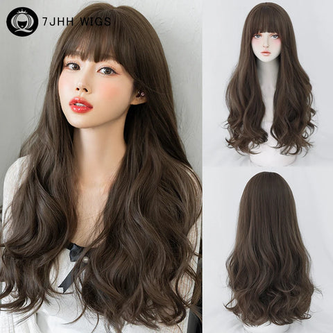 7JHH WIGS Honey Brown Wigs with Neat Bangs High Density Synthetic Loose Brown Hair Wig for Women Daily Use Beginner Friendly
