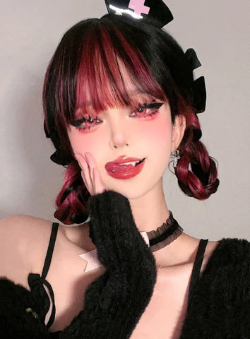 FOELISEE Synthetic 23inch Wig With Bangs Long Straight Black Highlight Red Wig For Women Cosplay Party Christmas Wig