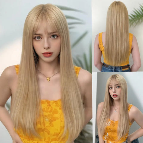 24 "black synthetic wig with straight bangs long straight wig for Halloween cosplay daily wear a high temperature silk wig