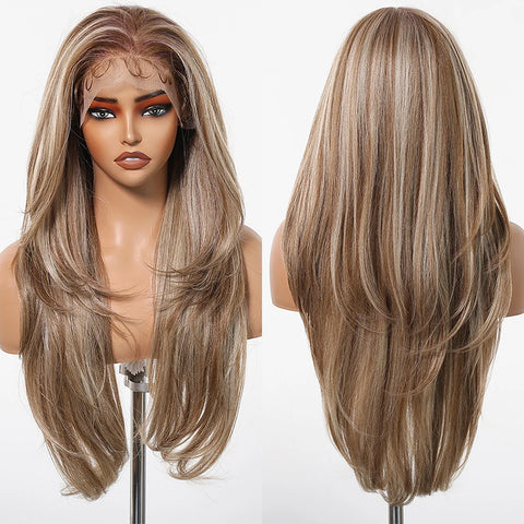 Long Straight Afro 13*6  Transparent Lace Frontal Synthetic Wigs Preplucked Brown Blonde Highlight Mixed Wig for Black Women Wig