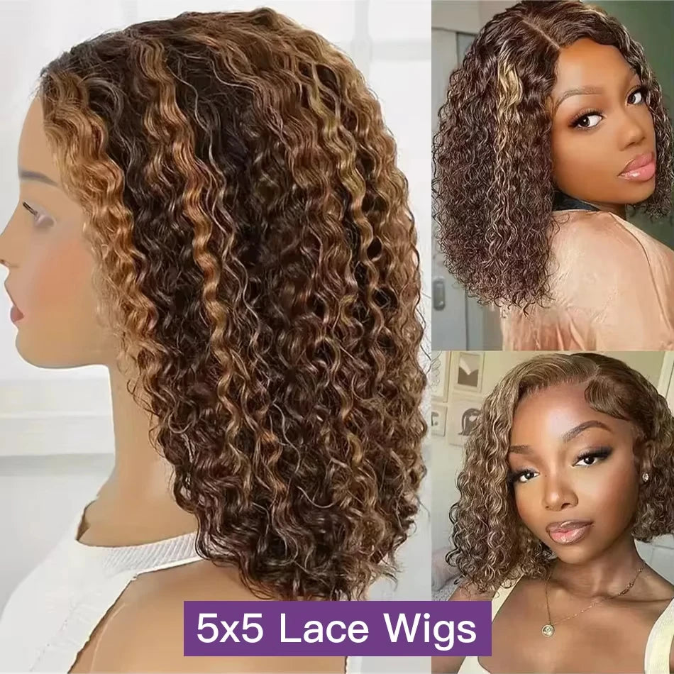 Highlight Glueless Curly Bob Wig Human Hair 100% Ready To Wear Water Wave Human Hair Wig Colored 100% Human Hair Lace Front Wig