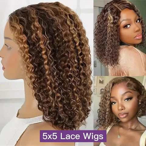 Highlight Glueless Curly Bob Wig Human Hair 100% Ready To Wear Water Wave Human Hair Wig Colored 100% Human Hair Lace Front Wig