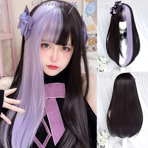 FOELISEE Synthetic 23inch Wig With Bangs Long Straight Black Highlight Red Wig For Women Cosplay Party Christmas Wig
