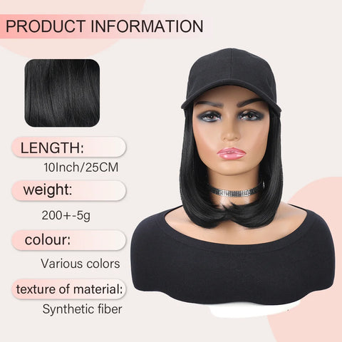 Baseball Cap with Synthetic Hair Extensions Straight Short Bob Hairstyle Adjustable Removable Wig Hat 10 inch for Woman Girl