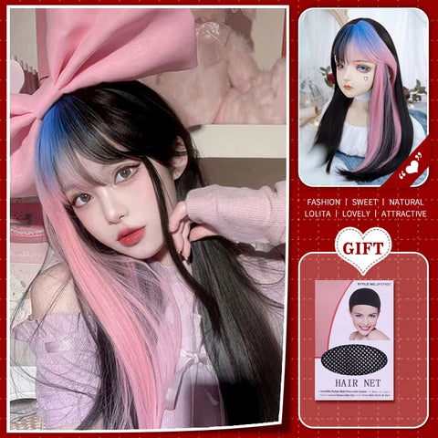 WTB Synthetic Long Straight Hair Black Lolita Wigs with Bangs for Women Fashion Female Cosplay Party Christmas Wigs Multicolor
