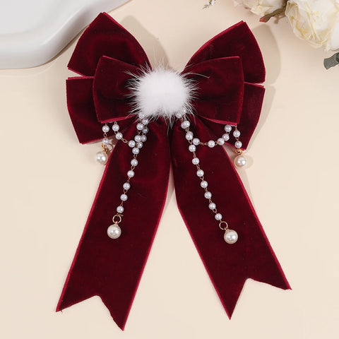 Elegant Red Bow Hair Accessories Sweet Faux Pearls Pendant Hair Clips Ponytail Barrette For Women Girls Fall＆Winter Hedwear
