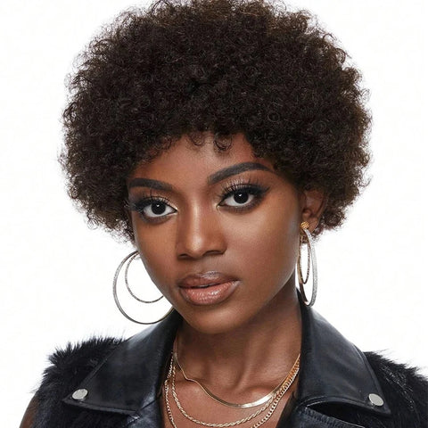 Afro Kinky Curly Pixie Cut Bangs Wig Natural Black Human Hair Short Wig Full Machine Made Wig Natural Looking Replacement Wig