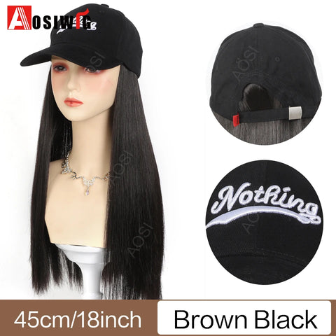 Long Wavy Synthetic Wig Baseball Rice White Cap With Hair Extensions Hat Wigs Natural Black Connect Wig Adjustable For Women