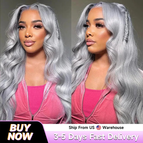 Silver Grey Vietnamese Human Hair Wig Body Wave 13x6 HD Transparent Lace Front Pre Plucked 180% Density 28 30 Inch Wig For Women
