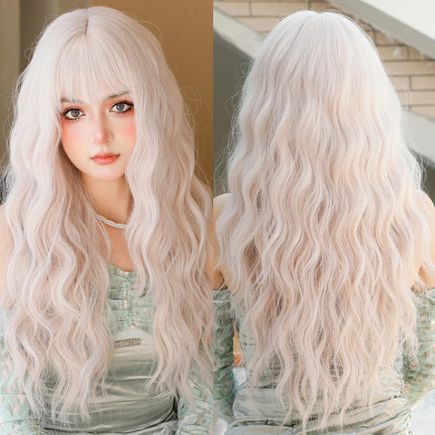 7JHH WIGS Long Wavy Pink Wigs for Women Daily Party Costume Synthetic Hair Wig with Bangs Halloween Costume Carnival Lolita Wig