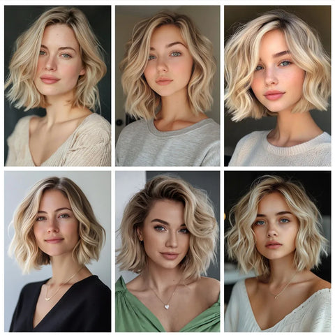 Short Wavy Synthetic Wig Ombre Blonde Layered Hair Side Part Lace Front Bob Wig 14 Inch Shoulder Length Heat Resistant Fiber