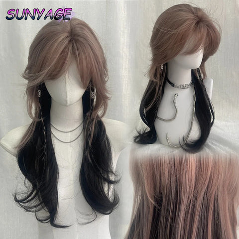 Pink Purple With Black Synthetic Wigs With Bang Jellyfish Head Hair Wig for Women High-layered Wolf Tail Cosplay Heat Resistant