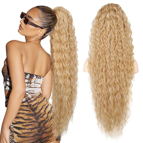 36 inch Drawstring Ponytail Extension Synthetic Black Long Lightweight Full Natural Curly Fake Tail Multi Layered Hairpiece