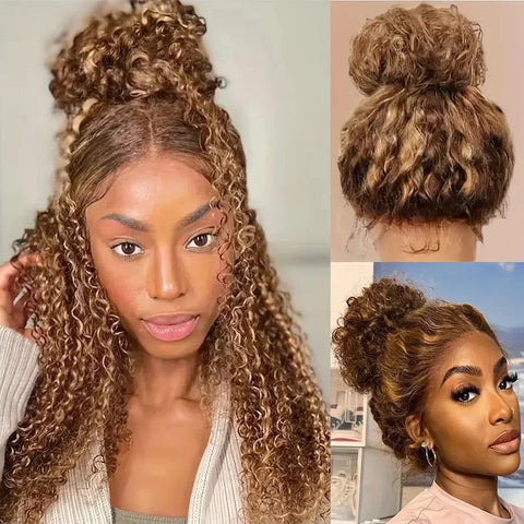 Deep Wave Highlight Ombre Invisi Strap 360 Full Hd Lace Frontal Wig 200 Density 427 Honey Blonde Curly Wig for Women 30 Inch