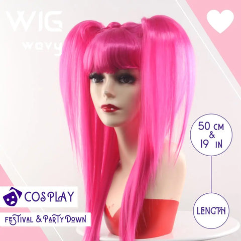 High quality rose red long double ponytail with neat bangs cosplay synthetic wig christmas and other festivals preferred