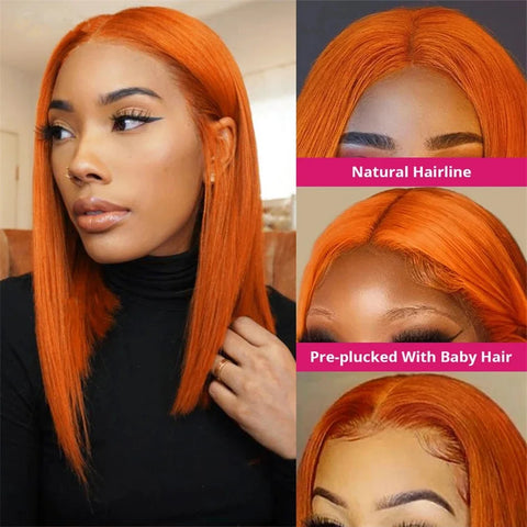 13x4 Lace Front Short Bob Wig 350 Ginger Orange Color Straight Transparent Lace Frontal Wigs Human Hair For Black Woman 10 Inch